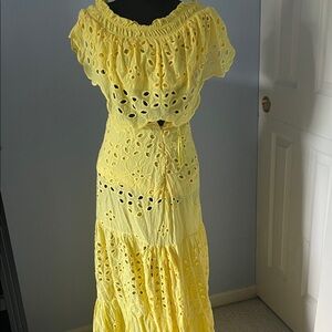 Yellow Eyelet Off-Shoulder Maxi Dress with Waist Tie
